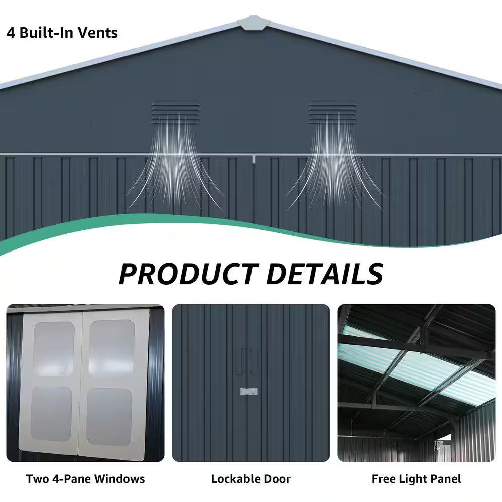 20 Ft. W X 13 Ft. D Outdoor Metal Storage Shed with 2 Windows,2 Translucent Panels for Garden in Dark Gray（260Sq. Ft.）