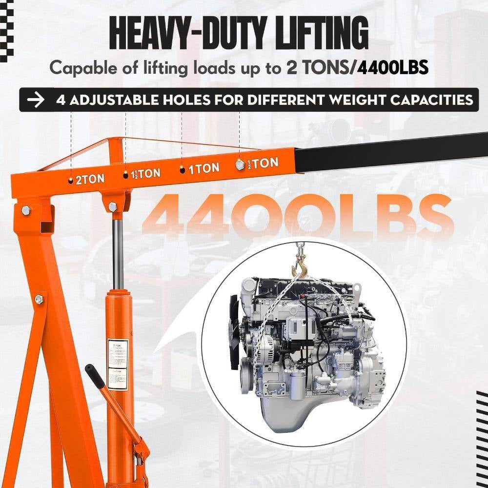 4400 Lbs (2 Ton) Capacity Foldable Engine Hoist, Hydraulic Shop Crane, 6 Wheels, Telescopic Boom, Cherry Picker,Orange
