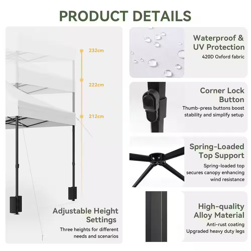 10 Ft. X 20 Ft. White Pop-Up Canopy Tent with Wind Ropes, Stakes and Sandbags, 3-Adjustable Height