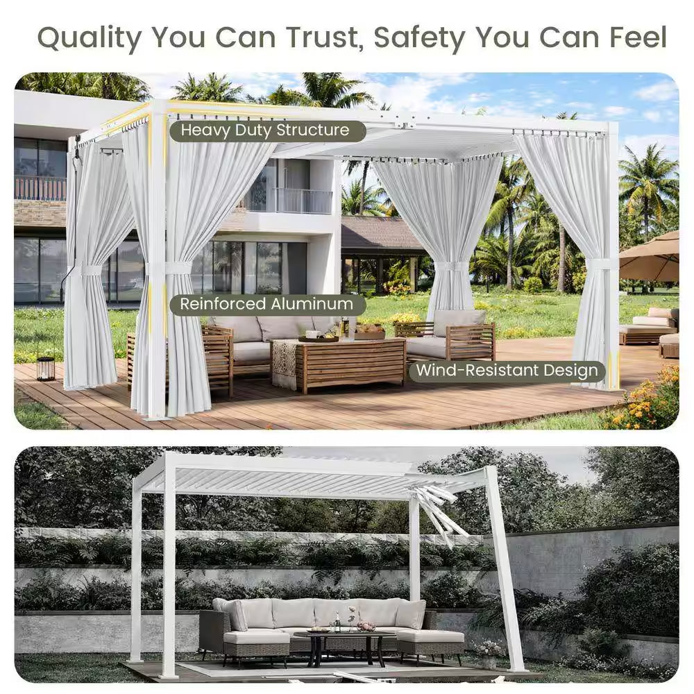 10 Ft. X 13 Ft. White Aluminum Louvered Pergola with Steel Roof and Curtains