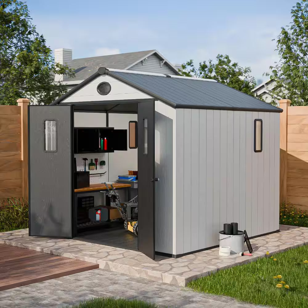 8 X 8 Ft. Gray Plastic Storage Shed Outdoor Resin Storage Cabinet Room with Lockable Door Air Vent Gable Roof for Patio
