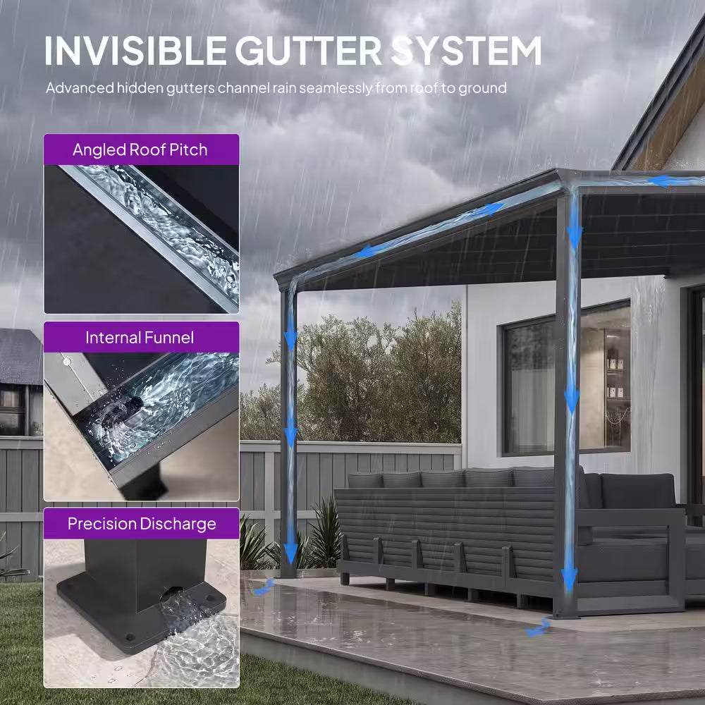 12 Ft. X 14 Ft. Gray Wall-Mounted Outdoor Pergola Aluminum Lean to Gazebo with PC Canopy and In-Built Gutter System