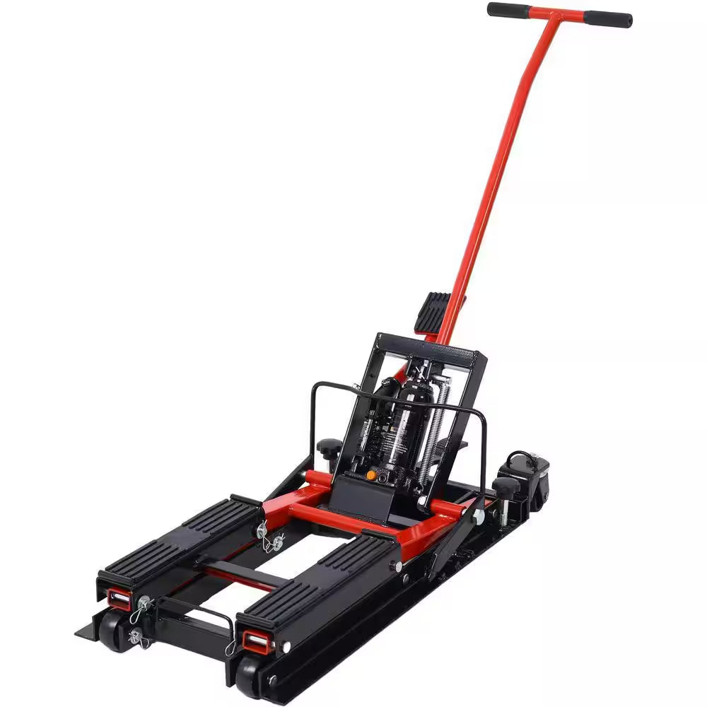 1500 LBS Capacity Red Hydraulic ATV & Motorcycle Jack with 4 Wheels, Foot-Operated Hoist Stand, Maximum Lift 15 In. H