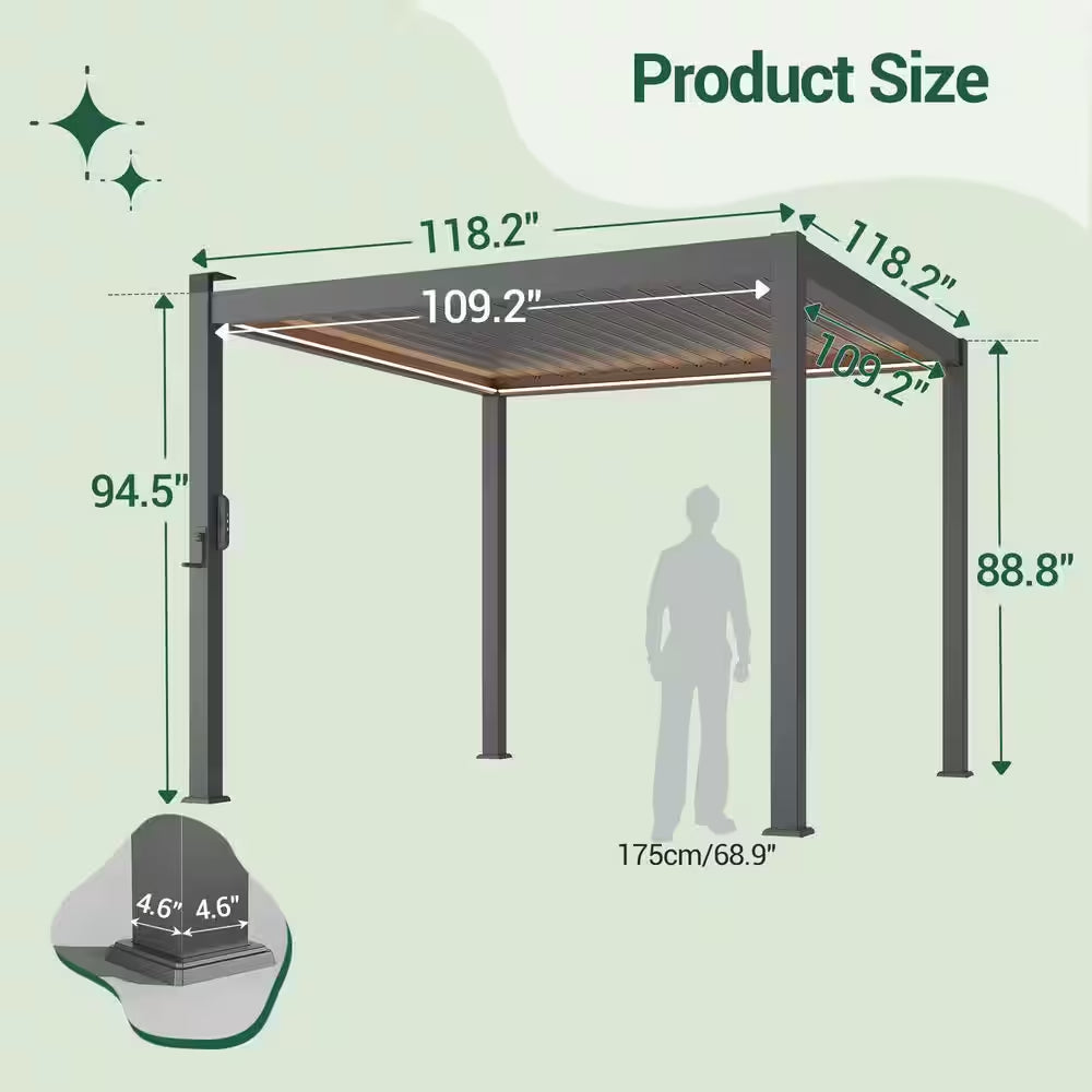 10 Ft. X 10 Ft. Modern Aluminum Pergola with Adjustable Louvers, LED Lights and Solar Charging, Charcoal Gray