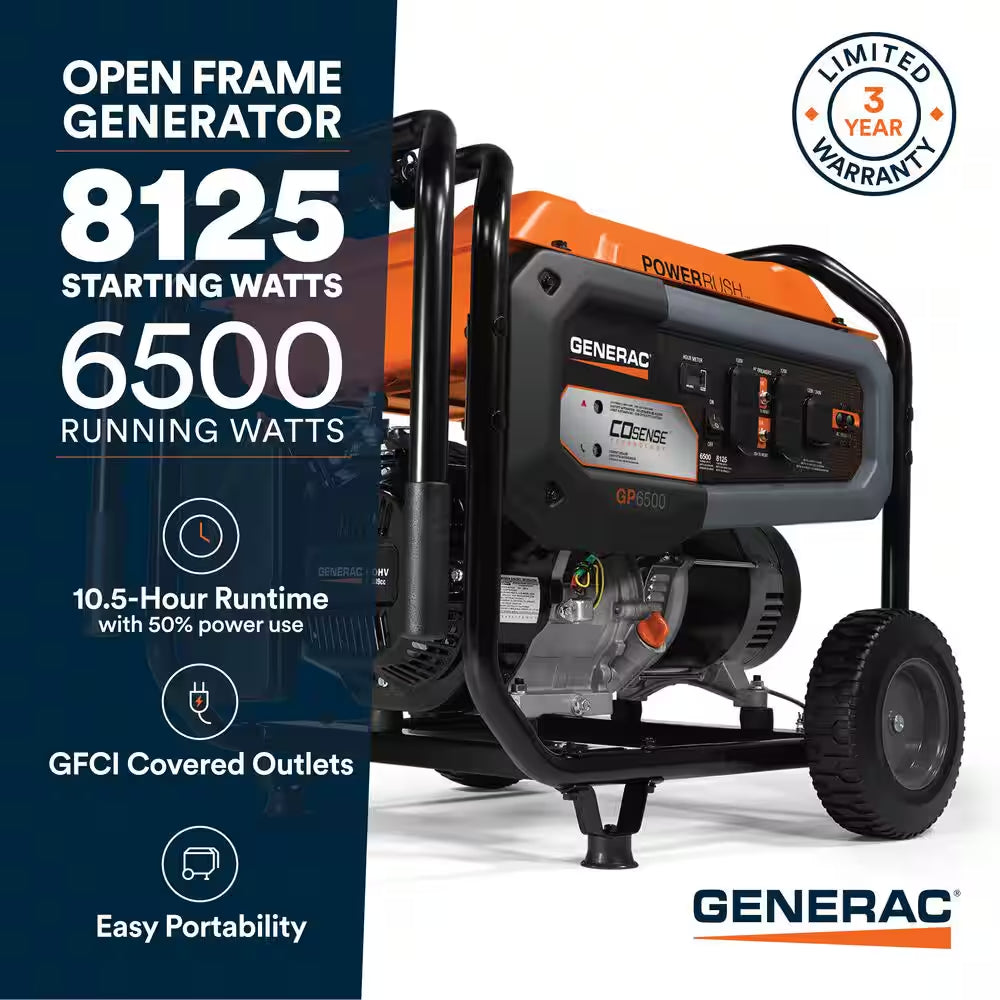 8125 / 6500-Watt Recoil Start Gasoline Powered Portable Generator with Cosense and 20 Ft. Extension Cord Included