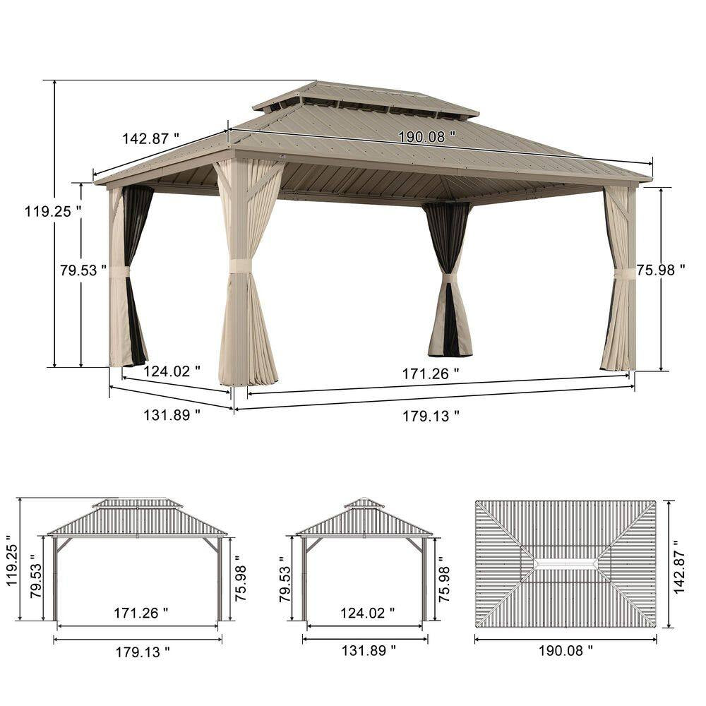 12 Ft. X 16 Ft. Champagne Aluminum Hardtop Gazebo Canopy with Galvanized Steel Double Roof, Curtains and Netting