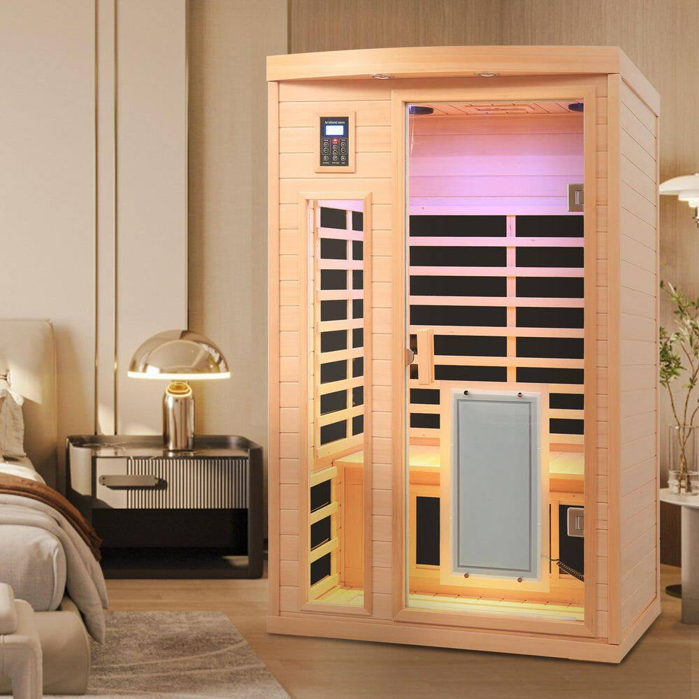 2-Person Natural Wood Far Infrared Hemlock Wood Sauna Room with LED Reading Light