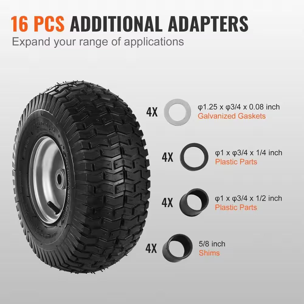 Lawn Mower Tires 15X6-6 in 2-Pack Turf Pneumatic 3 in Centered Hub 3/4 in Bushing 16 Adapters 400 Lb/Wheel