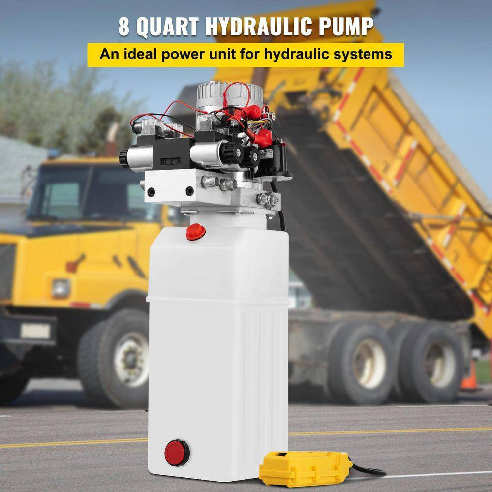 Hydraulic Pump 8 Qt., 12V Double Acting Unit for Dump Trailer and Vehicle Lifting 3200 PSI, Includes 4 SAE #6 Connectors