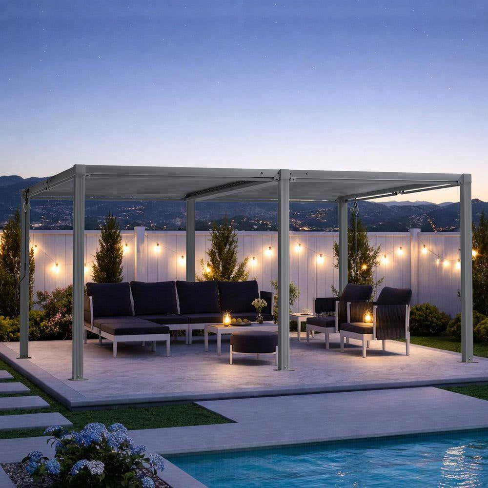 12 Ft. X 16 Ft. Gray Aluminum Louvered Pergola with Steel Roof