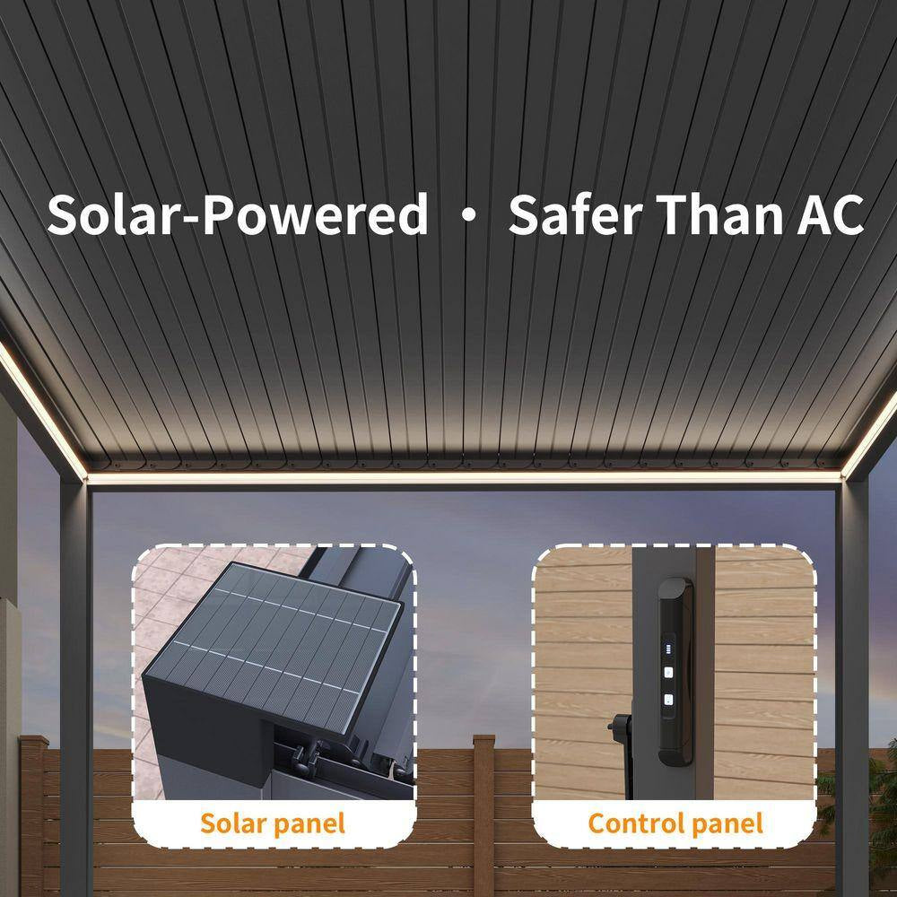 10 Ft. X 10 Ft. Charcoal Gray LED Lighted Powder-Coated Louvered Aluminum Steel Pergola with Adjustable Roof