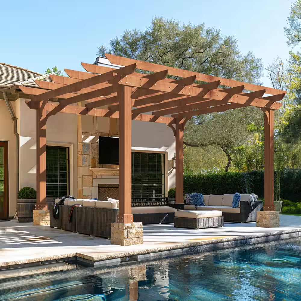 12 Ft. W X 10 Ft. D Cedar Wood Patio Pergola Shade Structure for Outdoor, Brown