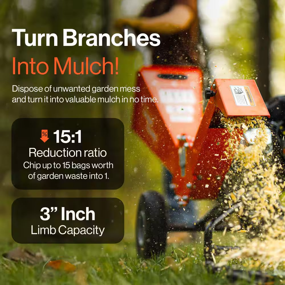 Compact Wood Chipper – 3 In. Capacity, 7 HP Gas Engine, Reinforced Rotor for Heavy-Duty Yard Chipping