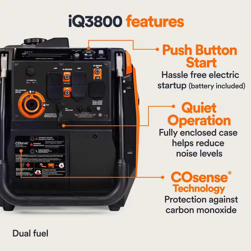 3800/3000-Watt Dual Fuel Inveter Generator, Fully Enclosed Case and Easy-To-Use Electric Start with Battery Included