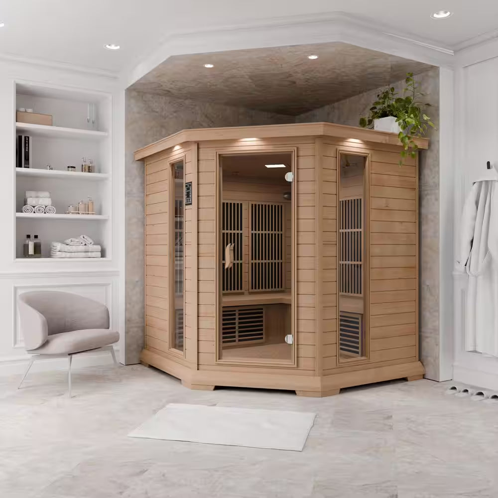 5-Person Indoor Hemlock Wood Electric Infrared Sauna with Touch Control Panel, Spot Light, and Speaker