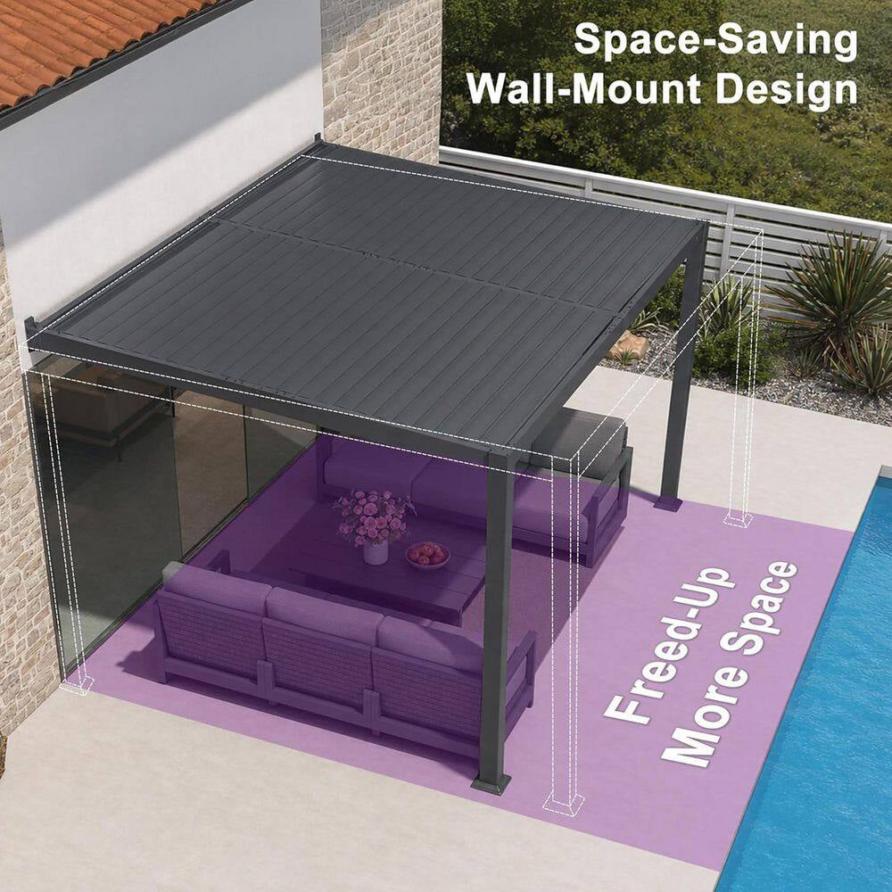 10 Ft. X 12 Ft. Grey Aluminum Outdoor Wall-Mounted Louvered Pergola with Individual Adjustable Sunshade Roofs