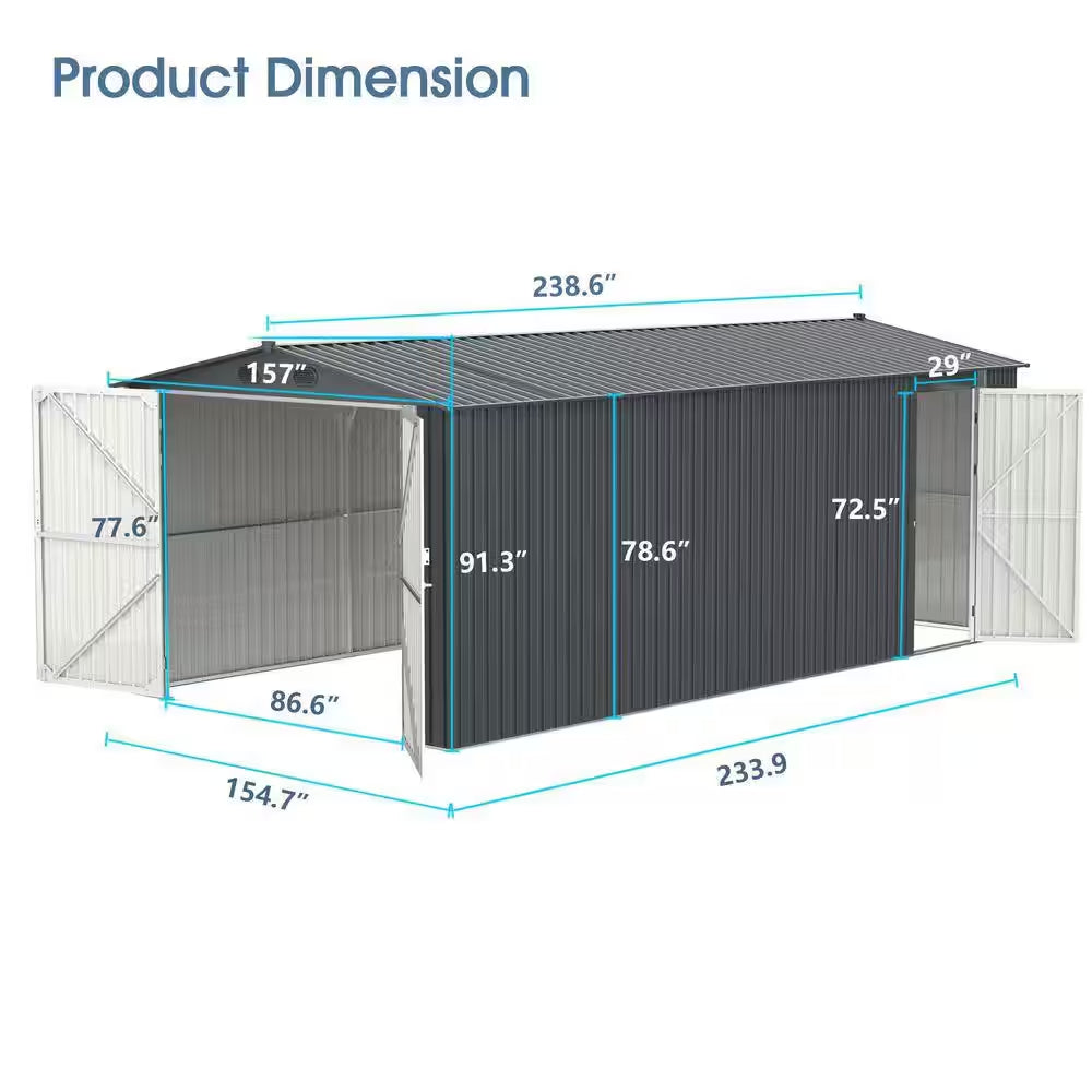 20 Ft.W X 13 Ft.D Outdoor Metal Storage Shed, Utility Tool House with 2 Doors, 4 Vents for Car,Truck, Gray (252 Sq. Ft.)