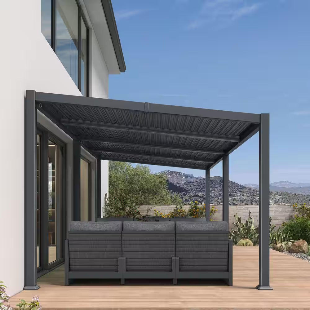 10 Ft. X 20 Ft. Grey Aluminum Outdoor Sloping Roof Louvered Pergola with Individual Adjustable Sunshade Roofs