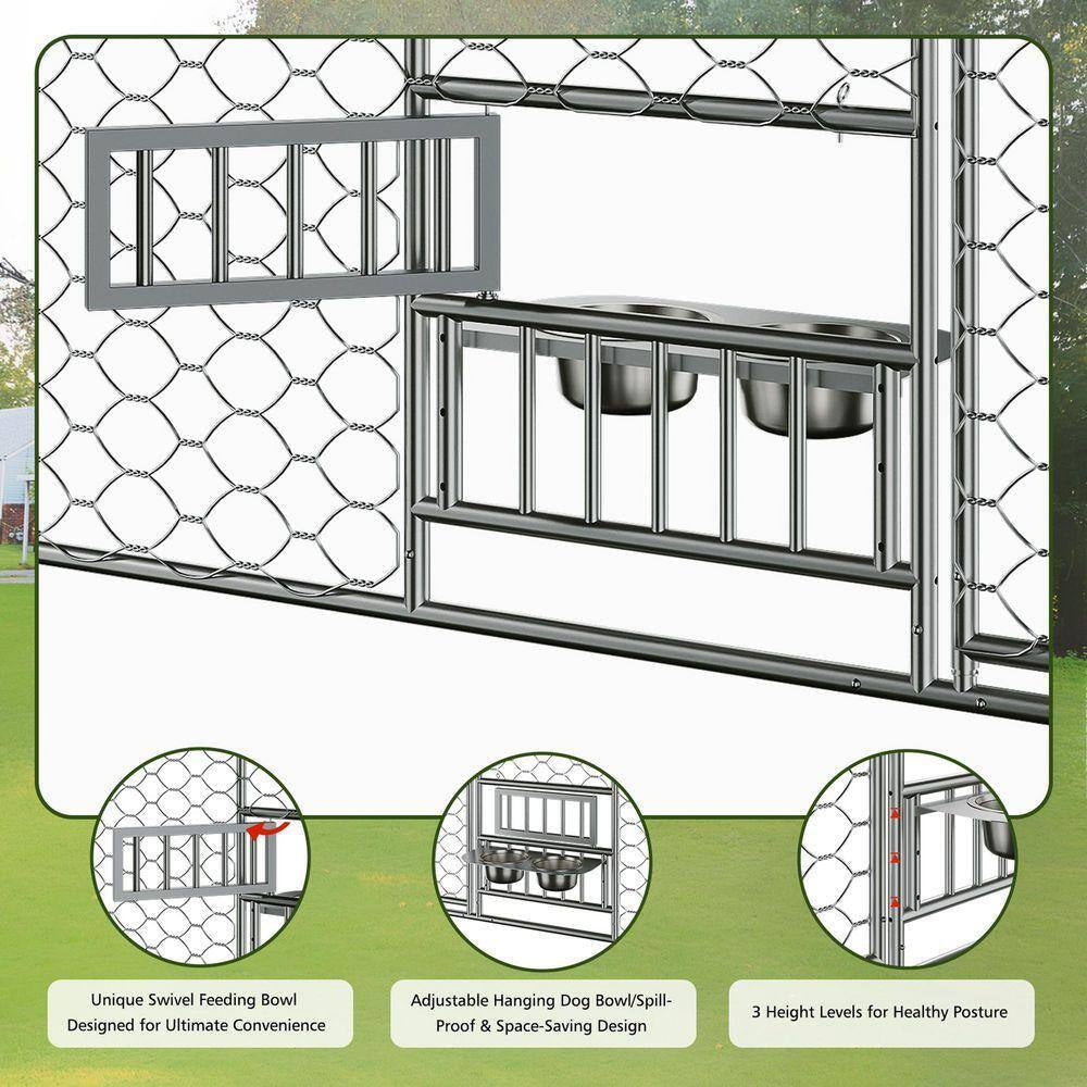 10 Ft.W X 20 Ft.D Outdoor Metal Shed Dog Kennel W/Canopy,Built-In Elevated Feeding Bowls,Escape-Proof(200 Sq.Ft.)