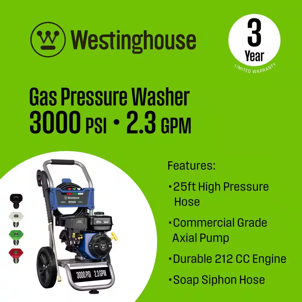 3000 PSI 2.3 GPM Gas Powered Axial Cam Pump Cold Water Pressure Washer with 4 Quick Connect Tips