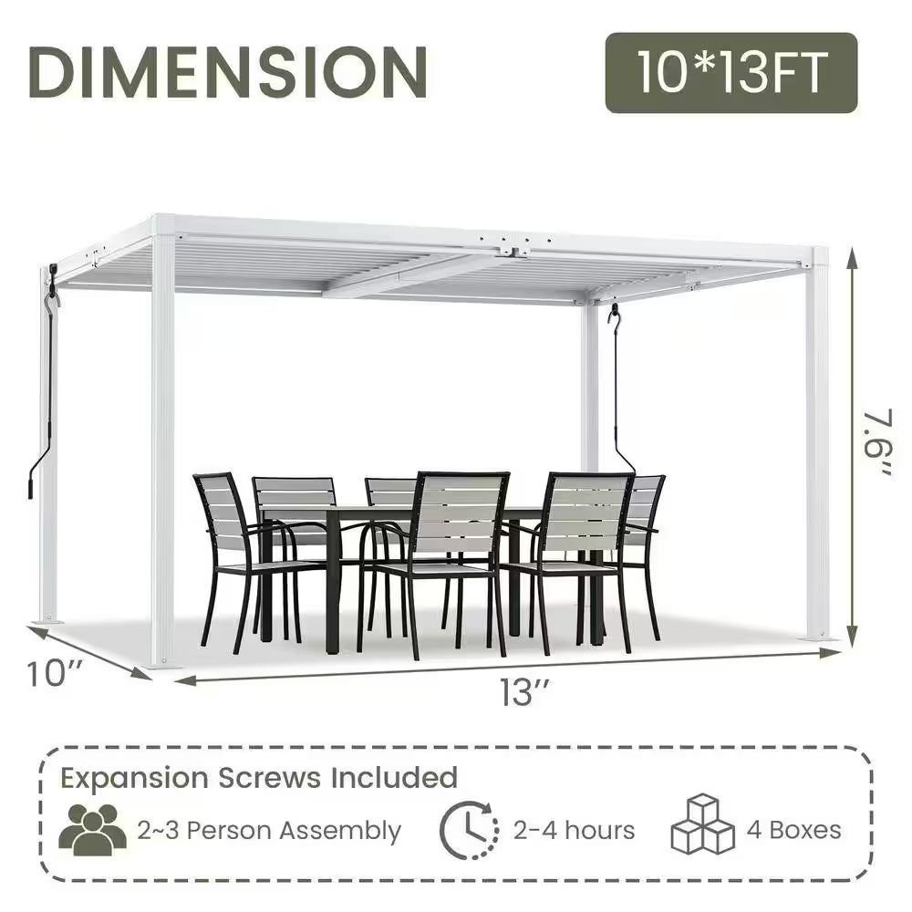 10 Ft. X 13 Ft. White Aluminum Louvered Pergola with Steel Roof