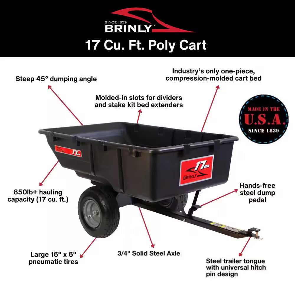 850 Lb. 17 Cu. Ft. Tow-Behind Poly Utility Cart with Durable Compression Molded Bed for Lawn Tractors & Zero-Turn Mowers