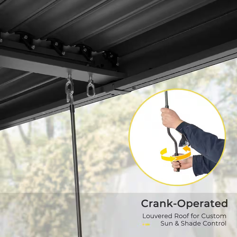 10 Ft. X 20 Ft. Black Aluminum Louvered Pergola with Adjustable Roof and Gray Curtains