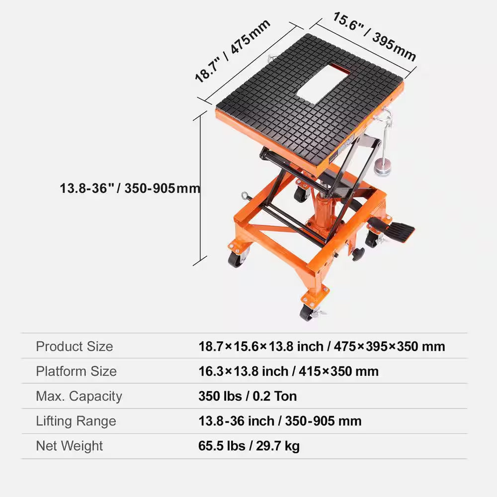 Hydraulic Motorcycle Lift Table, 350 Lbs. Capacity Motorcycle Scissor Jack Lift with Wide Deck, J-Hooks, 4 Wheels