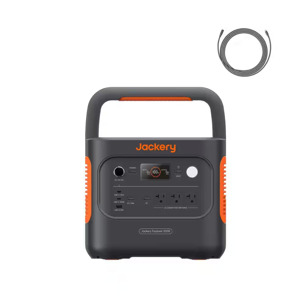 2200W/4400W Peak Push Button Start Battery Generator Explorer 2000 V2 W/1 Pcs 10 M Extension Cable for Outdoors/Indoors