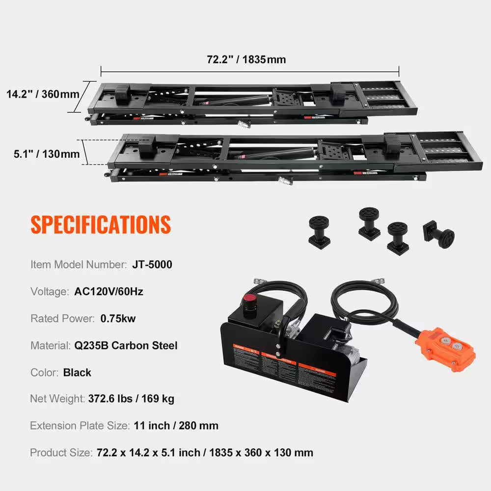 Car Lift, 25. 6 In. Max. Height, 5,000Lbs. Capacity Portable Car Lift, Extended-Length Plates, Heavy-Duty Carbon Steel