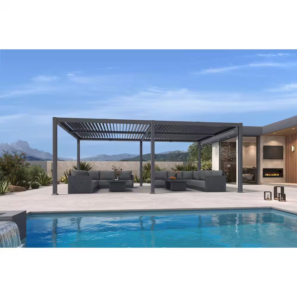 13 Ft. X 20 Ft. Gray Aluminum Outdoor Louvered Pergola with Individual Adjustable Sunshade Roofs and LED Lights