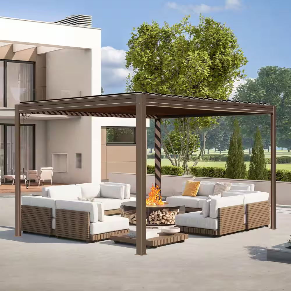 10 Ft. X 13 Ft. Brown Aluminum Metal Louvered Pergola