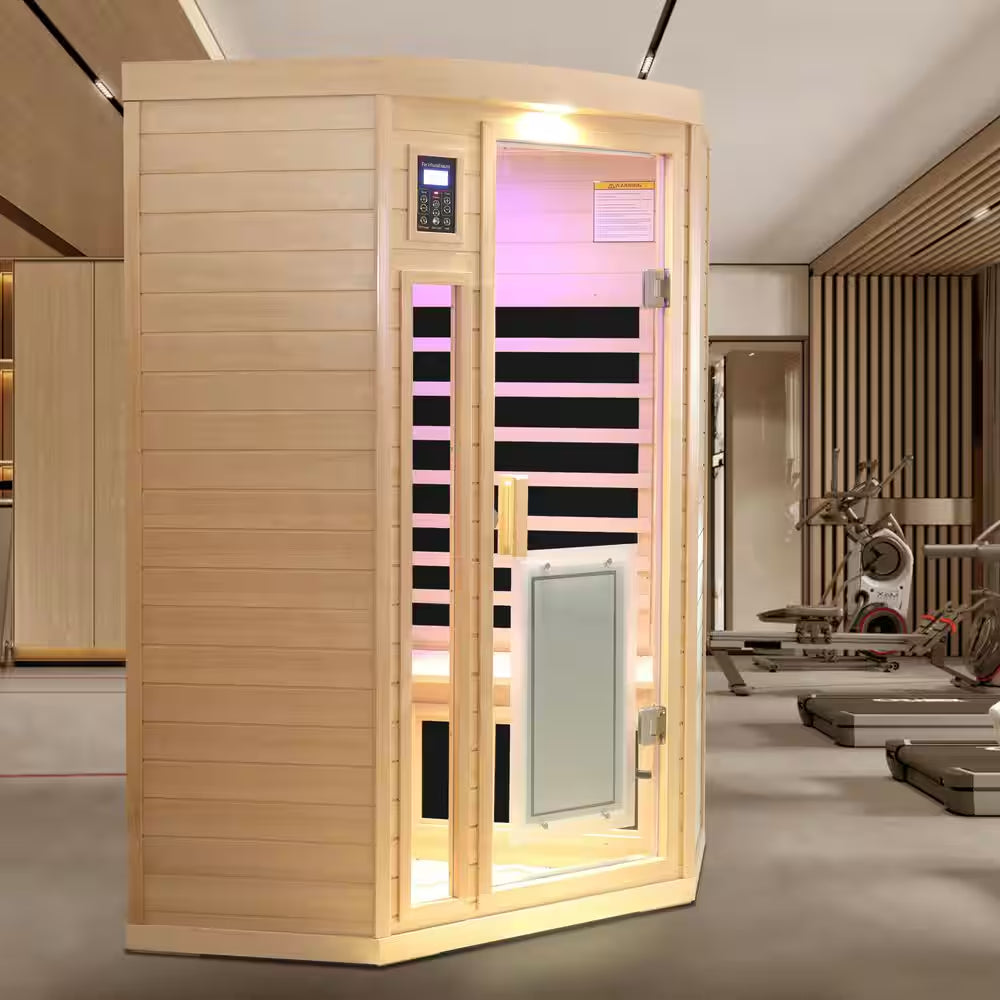 2-Person Natural Wood Far Infrared Hemlock Wood Pentagon Sauna Room with LED Reading Light