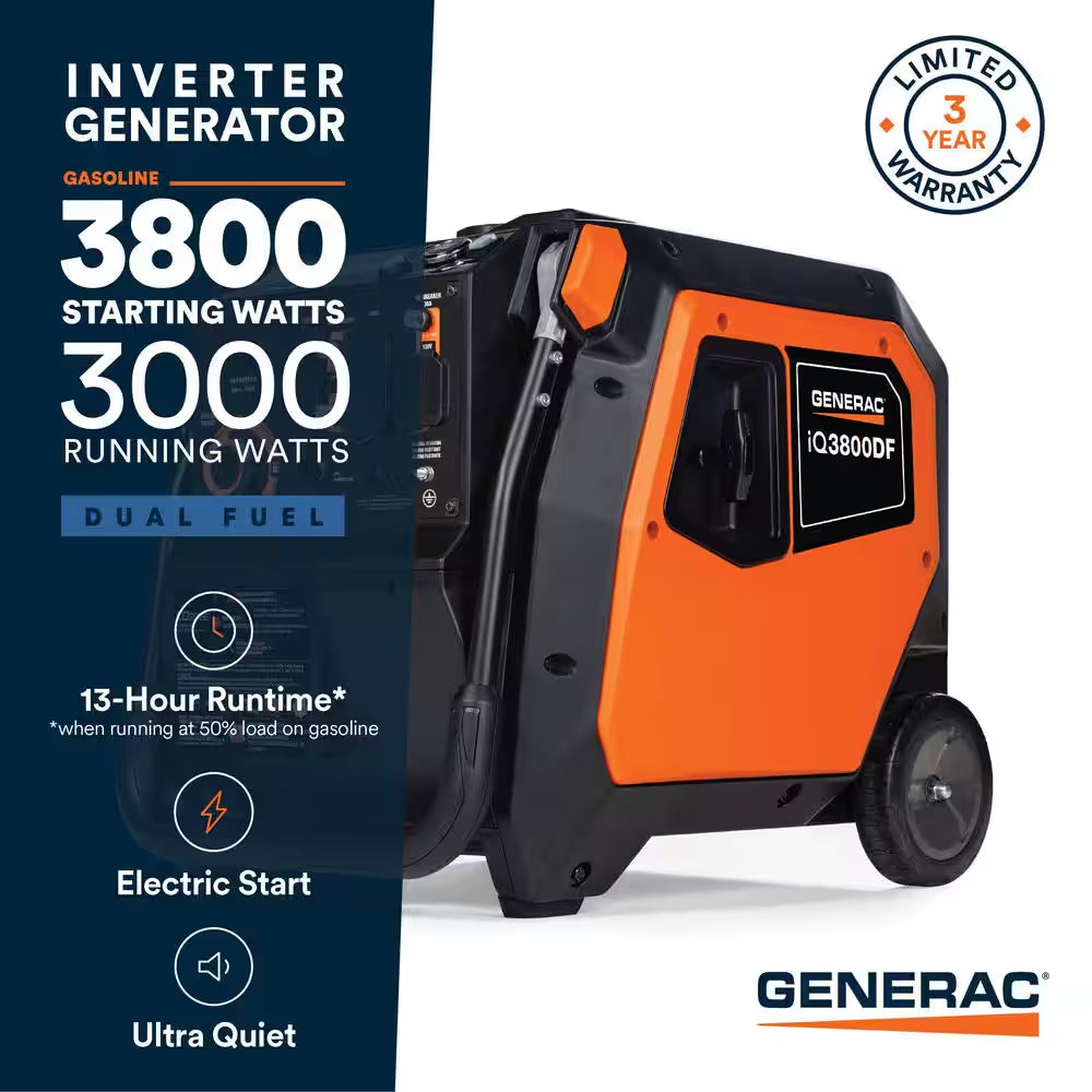 3800/3000-Watt Dual Fuel Inveter Generator, Fully Enclosed Case and Easy-To-Use Electric Start with Battery Included