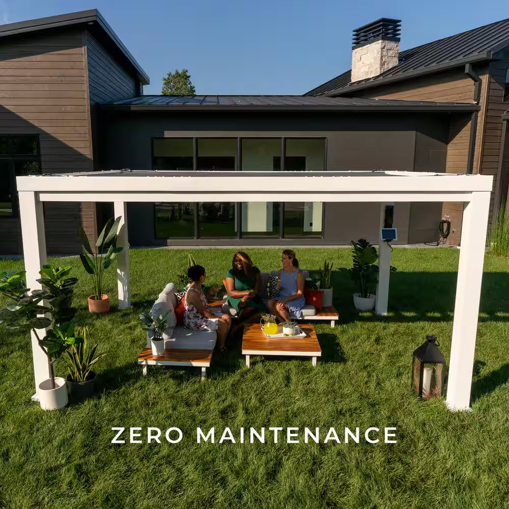 Windham 14 Ft. X 10 Ft. White Powder Coated Galvanized Steel Metal Modern Pergola W/ Sail Shade Soft Canopy and Electric