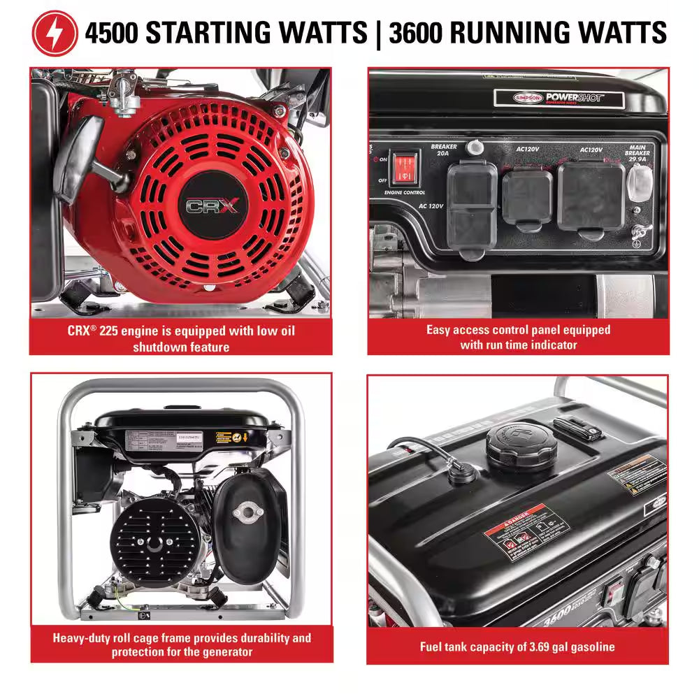 Powershot 4500/3600 Watt Recoil Start Gas Portable Generator W/ GFCI Protection for Camping, Emergency Home Backup, RV