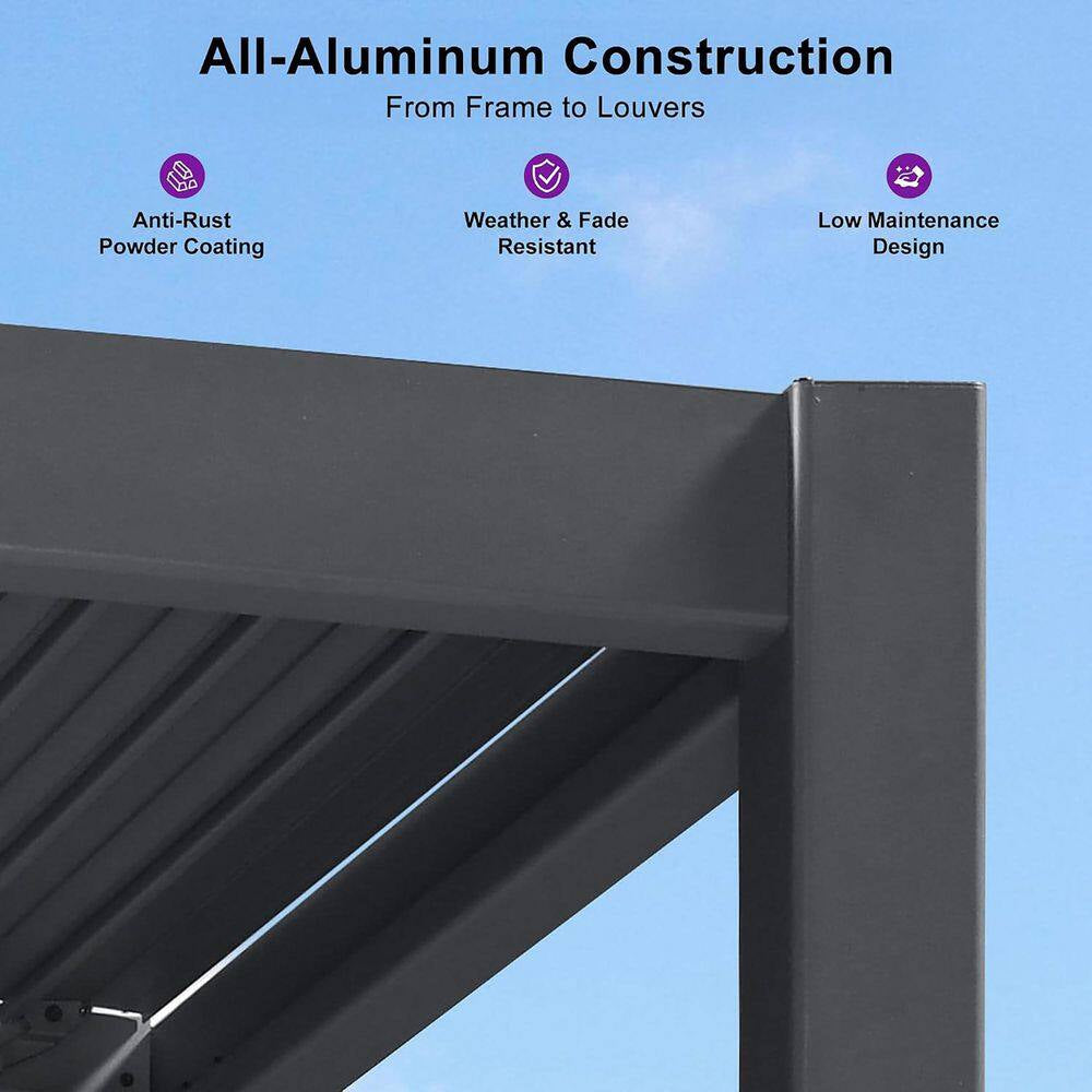10 Ft. X 12 Ft. Grey Aluminum Outdoor Wall-Mounted Louvered Pergola with Individual Adjustable Sunshade Roofs