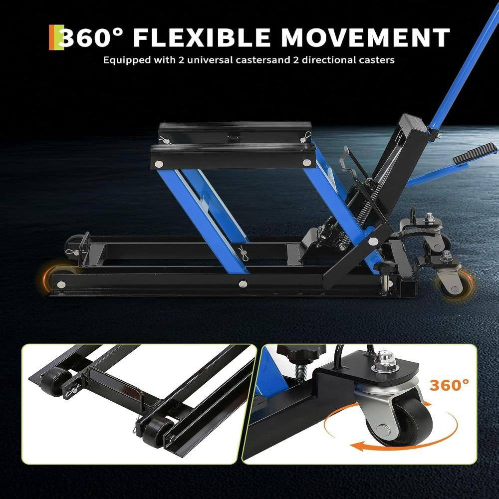 1500 Lbs Hydraulic Motorcycle Scissor Lift Jack, Heavy Duty Adjustable Lift Table with Foot Pedal & Wheels， Blue