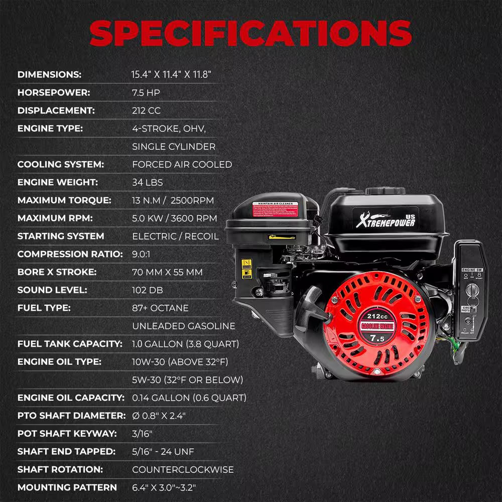 7.5 HP 212CC OHV EPA Electric Start Horizontal Shaft Gas Engine