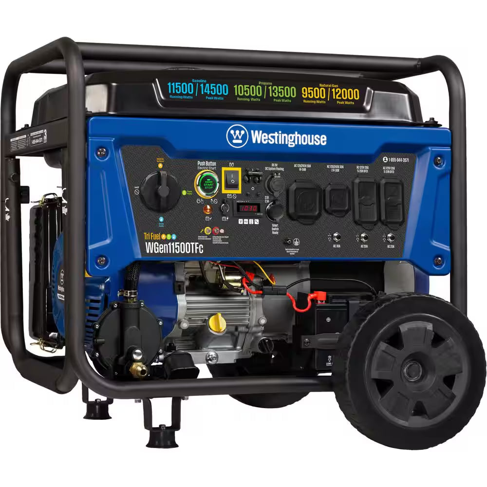 14,500/11,500-Watt Remote Electric Start Tri-Fuel Portable Generator with Low THD, 50A Outlet and CO Sensor
