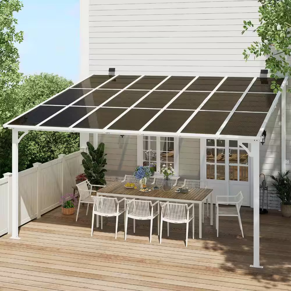 12' X 14' Wall Mounted Gazebo Heavy Duty Metal Pergola with Sloped Roof Lean to Awning for Patio Deck Backyard, White