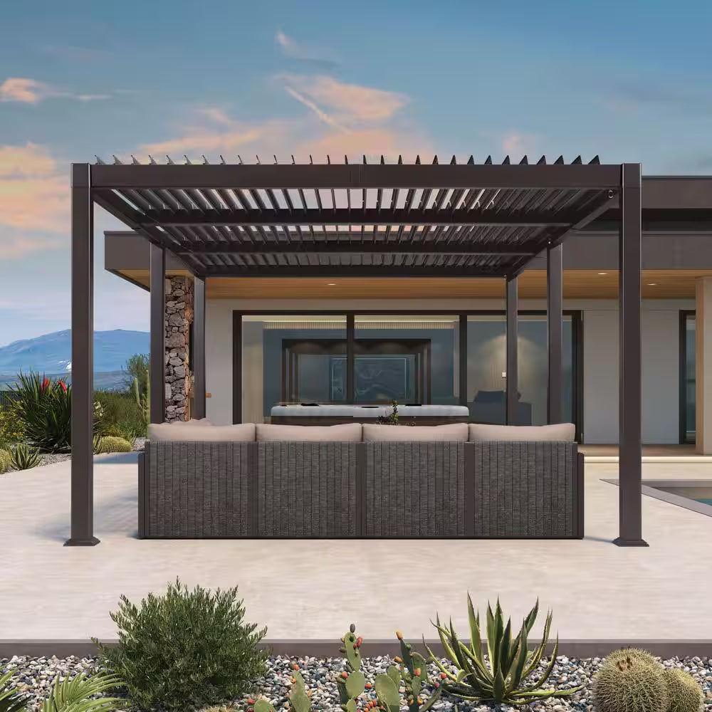 11.7 Ft. X 18.2 Ft. Bronze Aluminum Outdoor Louvered Pergola with 3-Individual Adjustable Roofs and In-Built Gutter