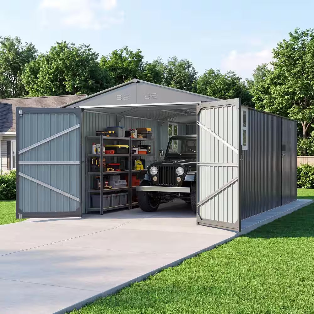 Outdoor Storage Shed 20X10 FT, Metal Garden Shed Backyard Utility Tool House Building with Window 2 Doors and 4 Vents Fo