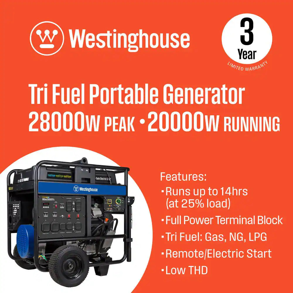 28,000/20,000-Watt Remote Electric Start Tri-Fuel Gas, Propane, Natural Gas Powered Portable Generator W/ Low THD