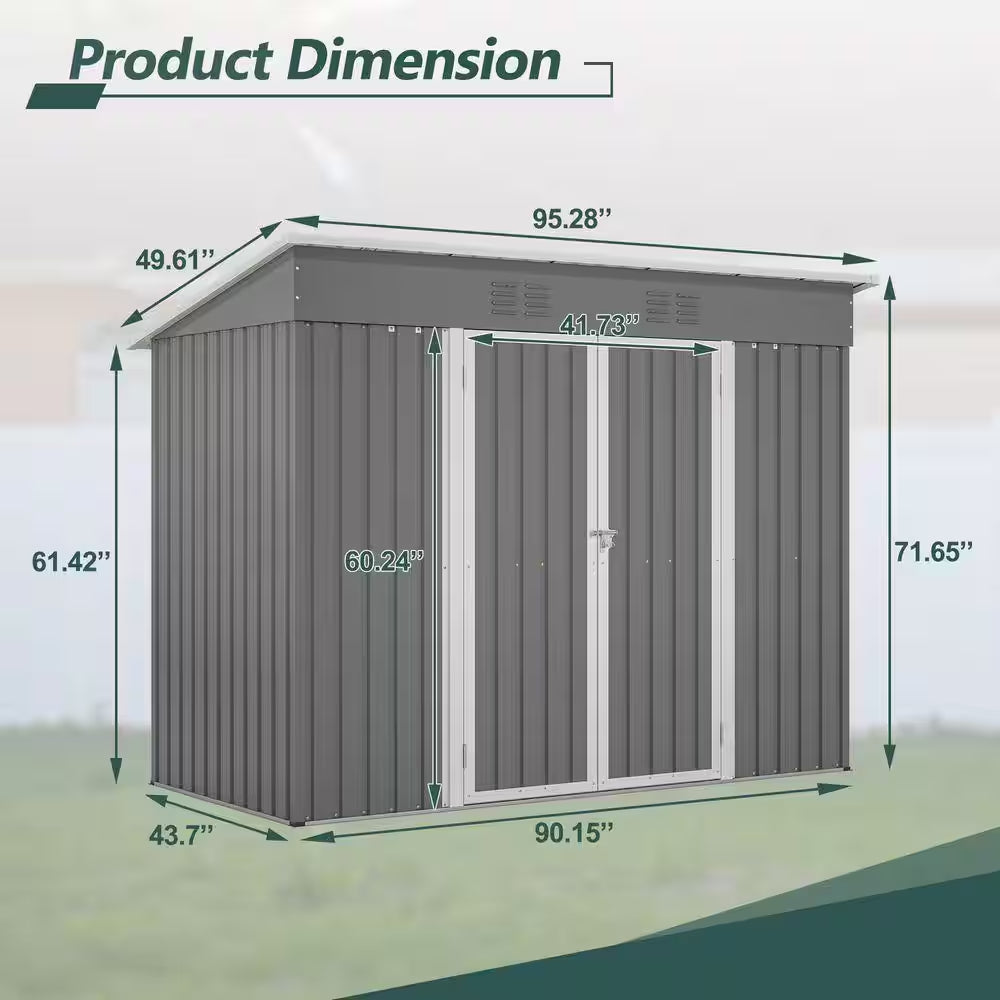 8 Ft. W X 4 Ft. D Gray Metal Storage Shed Outdoor Waterproof Storage Shed with Foundation (31 Sq Ft)