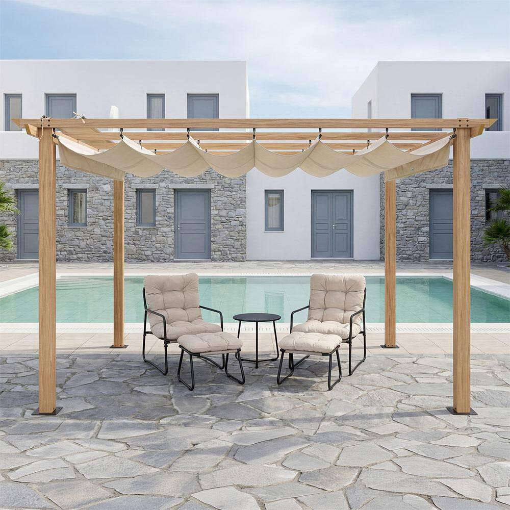 10 Ft. X 13 Ft. Wood Grain Aluminum Outdoor Pergola with Beige Retractable Sun Shade Canopy