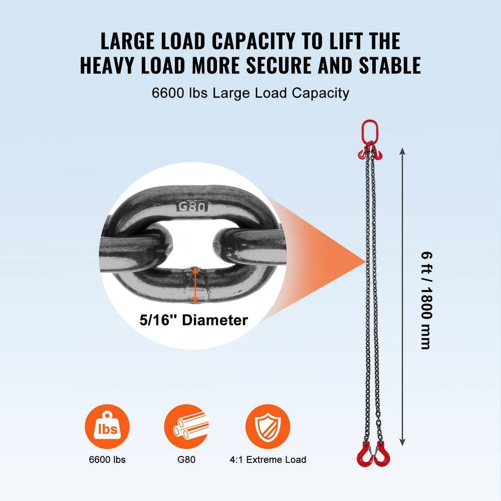 Chain Sling, 5/16 In. X 6 Ft. Lifting Chains with Hooks, G80 Engine Chain Hoist Lifts, 6600 Lbs. Lifting Sling Chains