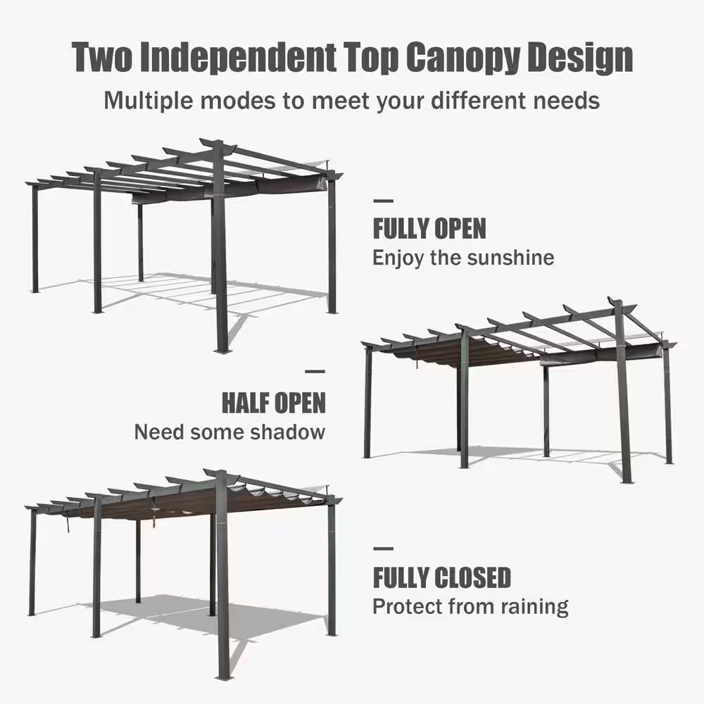 Dark Gray Aluminum Outdoor Retractable Pergola with Canopy 11 Ft. X 20 Ft.