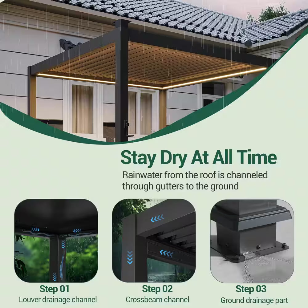 10 Ft. X 10 Ft. Modern Aluminum Pergola with Adjustable Louvers, LED Lights and Solar Charging, Charcoal Gray