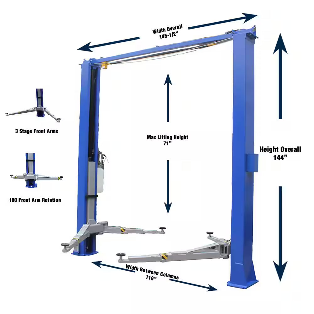 Bi-Symmetric 2 Post Car Lift Direct Drive 3 Stage Single Point 11,000 Lbs.